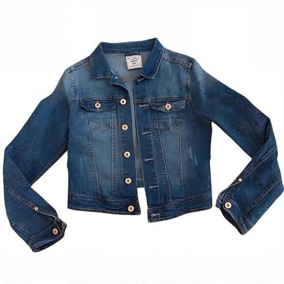 Cropped Blue Denim Jacket Rose Gold Buttons S - Picture 2 of 8